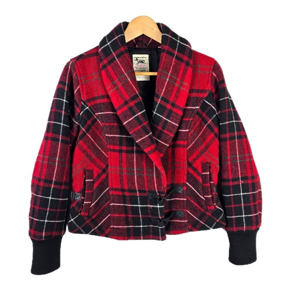 Vtg Triple Five Soul Coat Women Medium Red Plaid Thick Wool Jacket Blazer Y2K
